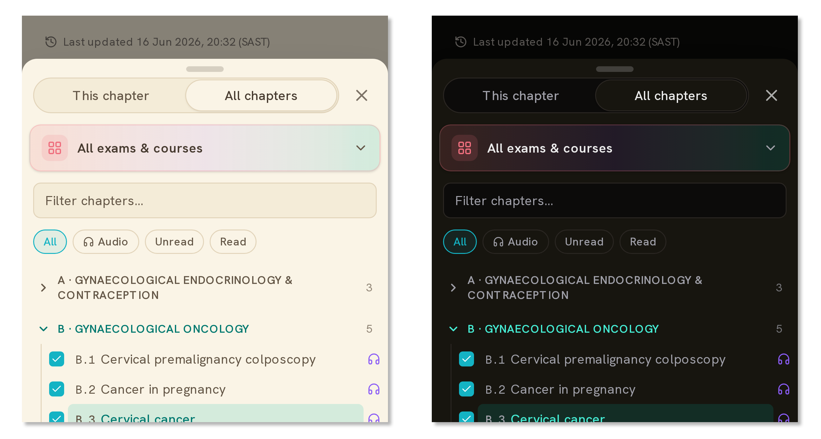 Contents — tick off what you've read and filter to chapters with audio, in light and dark